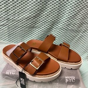Madden NYC Women's Cognac Double-Buckle Slide Sandals NIB